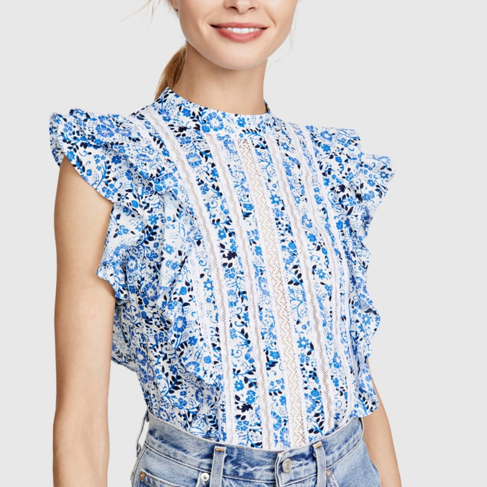 Veronica Beard Sol Floral Ruffle High-Neck Top (Size 12)